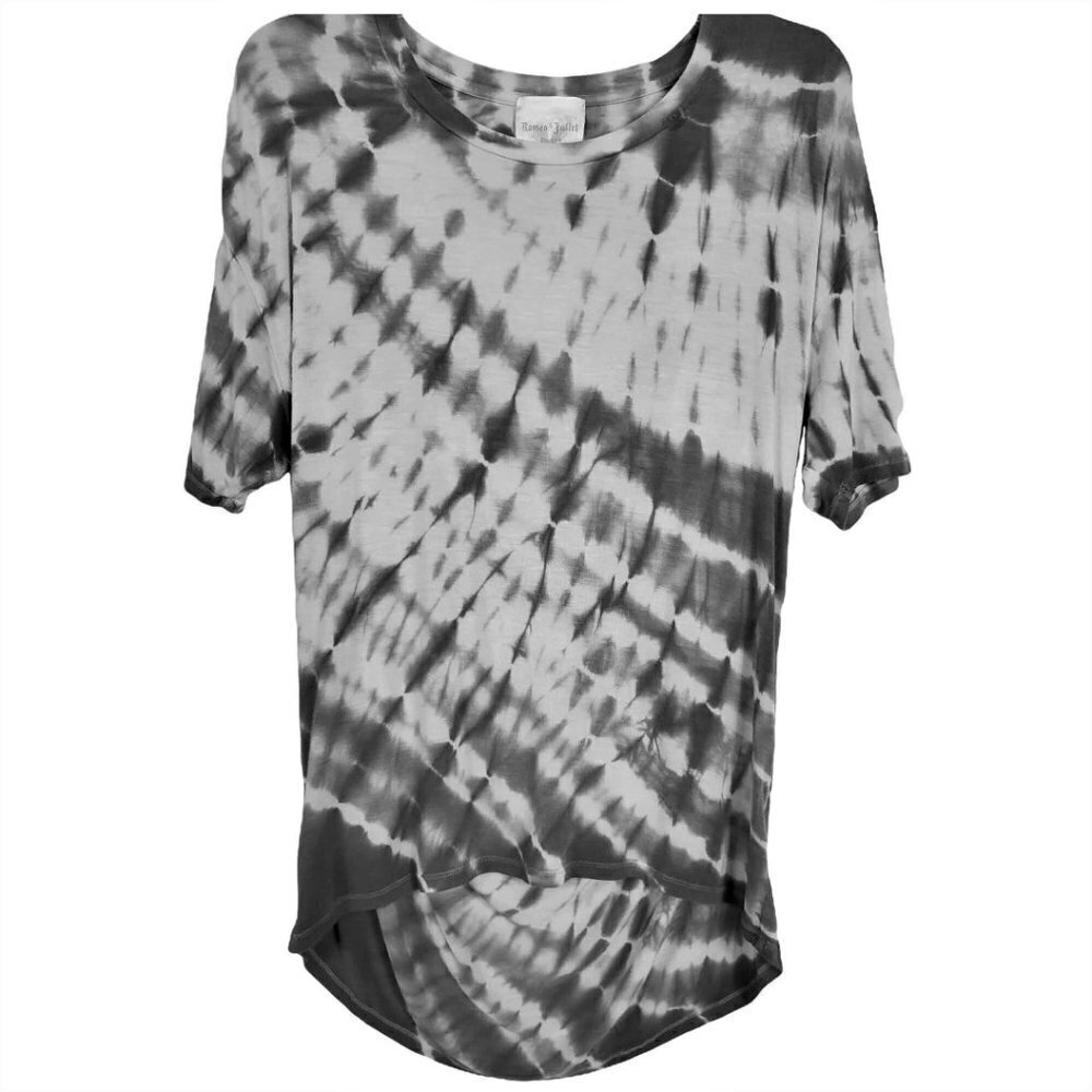 💎148 Romeo & Juliet Couture Tie dye Open Back Grey and White Tunic Tee